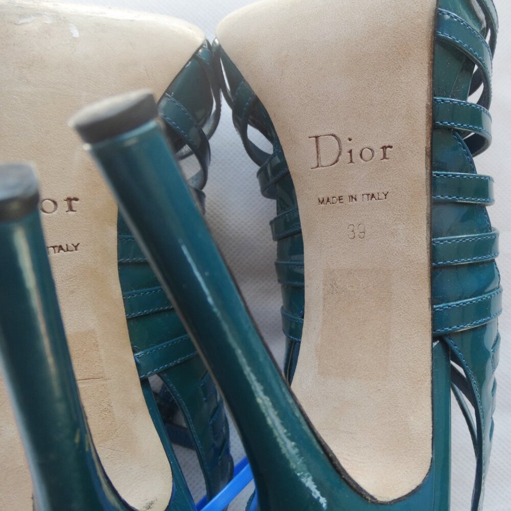 Christian DIOR 39/8.5 US, stiletto 4.5" heel ITALY cage Sandals Glossy Teal - Picture 12 of 13